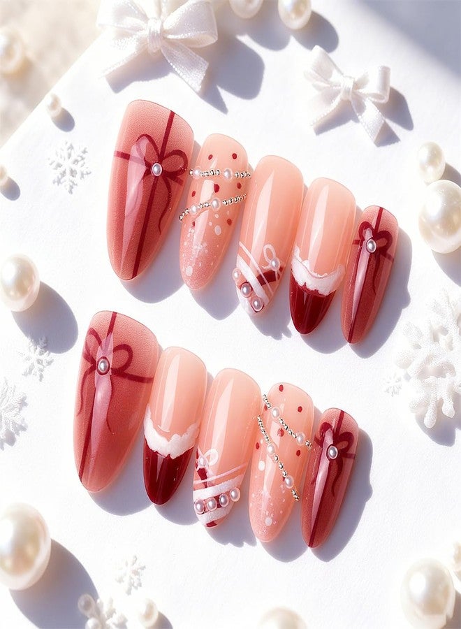 LRKNNO 30Pcs Christmas French Tip Press on Nails Medium Almond Fake Nails Nude Pink Glossy Glue on Nail with Pearl Rhinestone Red Bow Ribbon Designs Reusable Winter False Nail Xmas Acrylic Nails for Women - Image 3